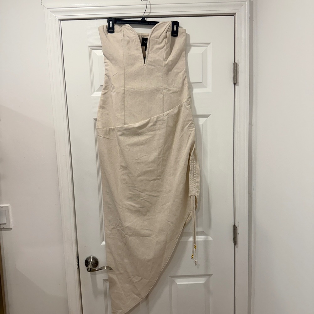 PLT Label Off White‎ Plunge Ruched Midaxi Dress Strapless Asymmetric US 8 NEW